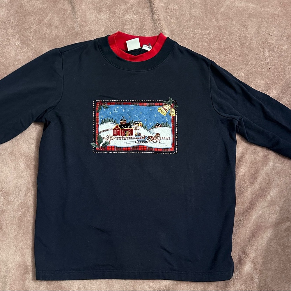 Vintage Bobbie Brooks 90s Holiday Top Embroidered Red Barn Horse Sleigh Scene